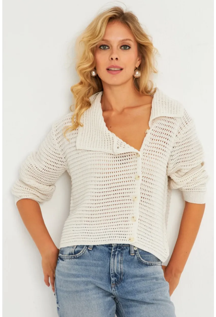 Kadın Ekru Geniş Yakalı Triko Hırka MİW4571