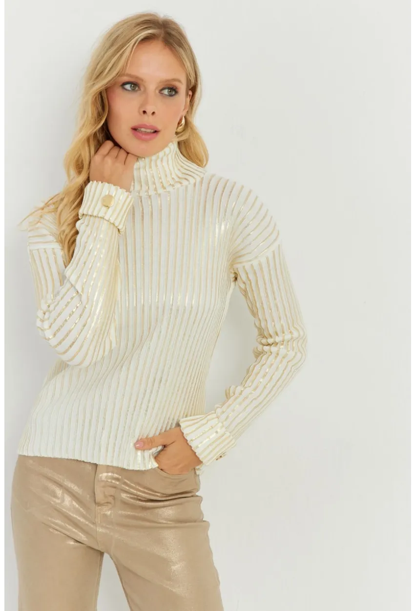 Kadın Ekru-Gold Düğme Detaylı Varaklı Triko Kazak SF2532