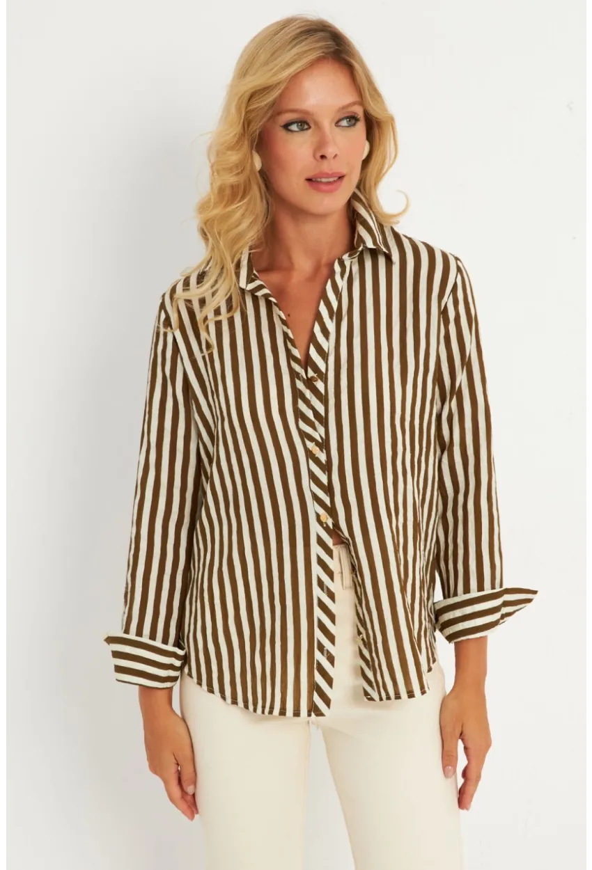 Kadın Ekru-Haki Çizgili Gömlek KED709