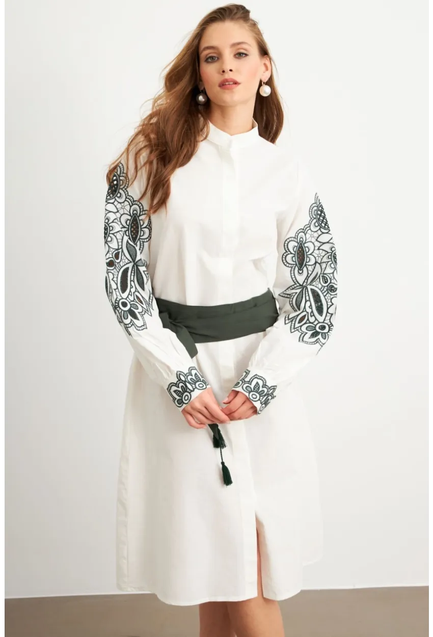 Kadın Ekru-Haki Nakış Detaylı Keten Gömlek Elbise MQS1839-90