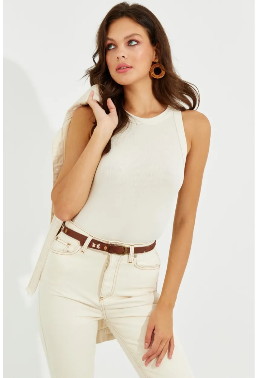 Kadın Ekru Halter Yaka Bluz LPP1233