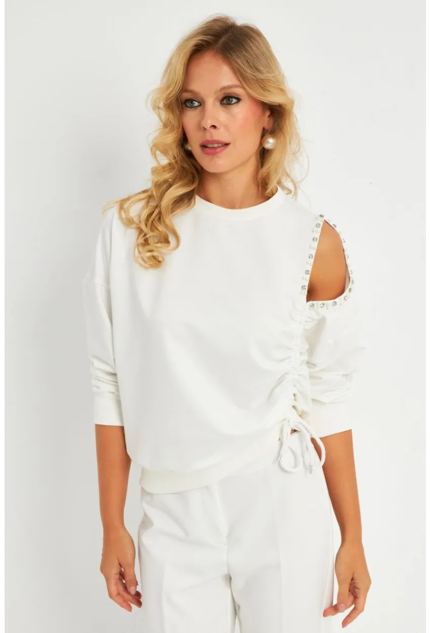 Kadın Ekru İnci Detaylı Büzgülü Sweatshirt RLO04