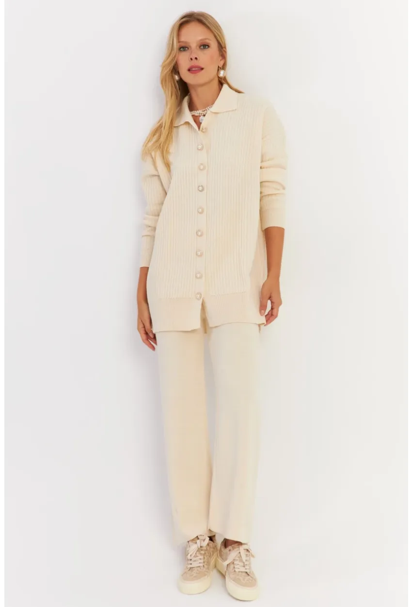 Kadın Ekru İnci Düğmeli Hırka Triko Alt Üst Takım MNUV26