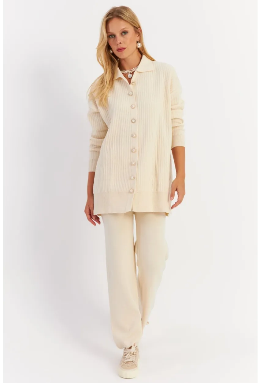 Kadın Ekru İnci Düğmeli Hırka Triko Alt Üst Takım MNUV26