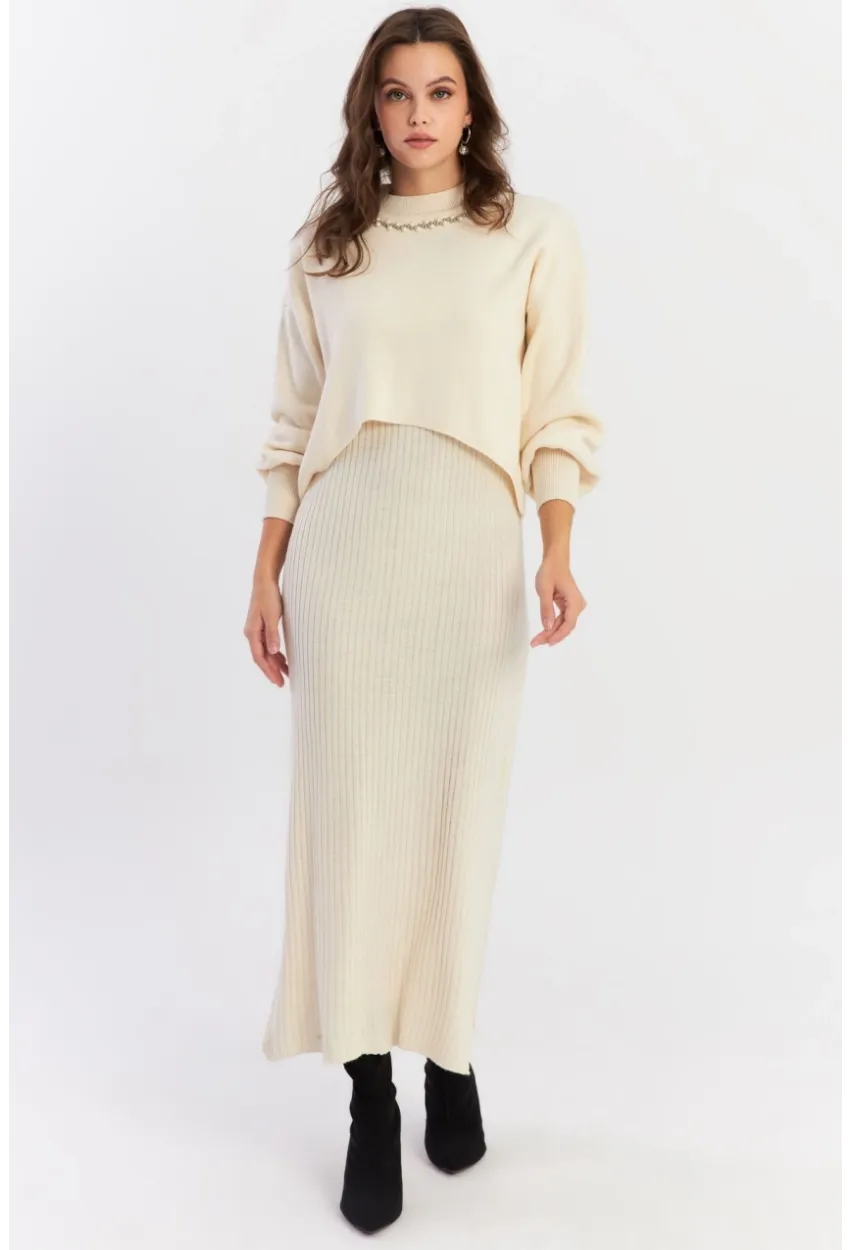 Kadın Ekru İncili Alt Üst Triko Takım NUV37