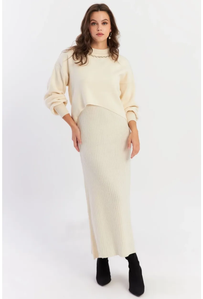 Kadın Ekru İncili Alt Üst Triko Takım NUV37