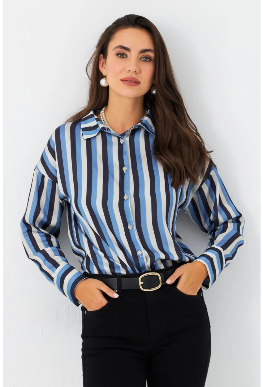 Kadın Ekru-İndigo Desenli Saten Gömlek MSHR500