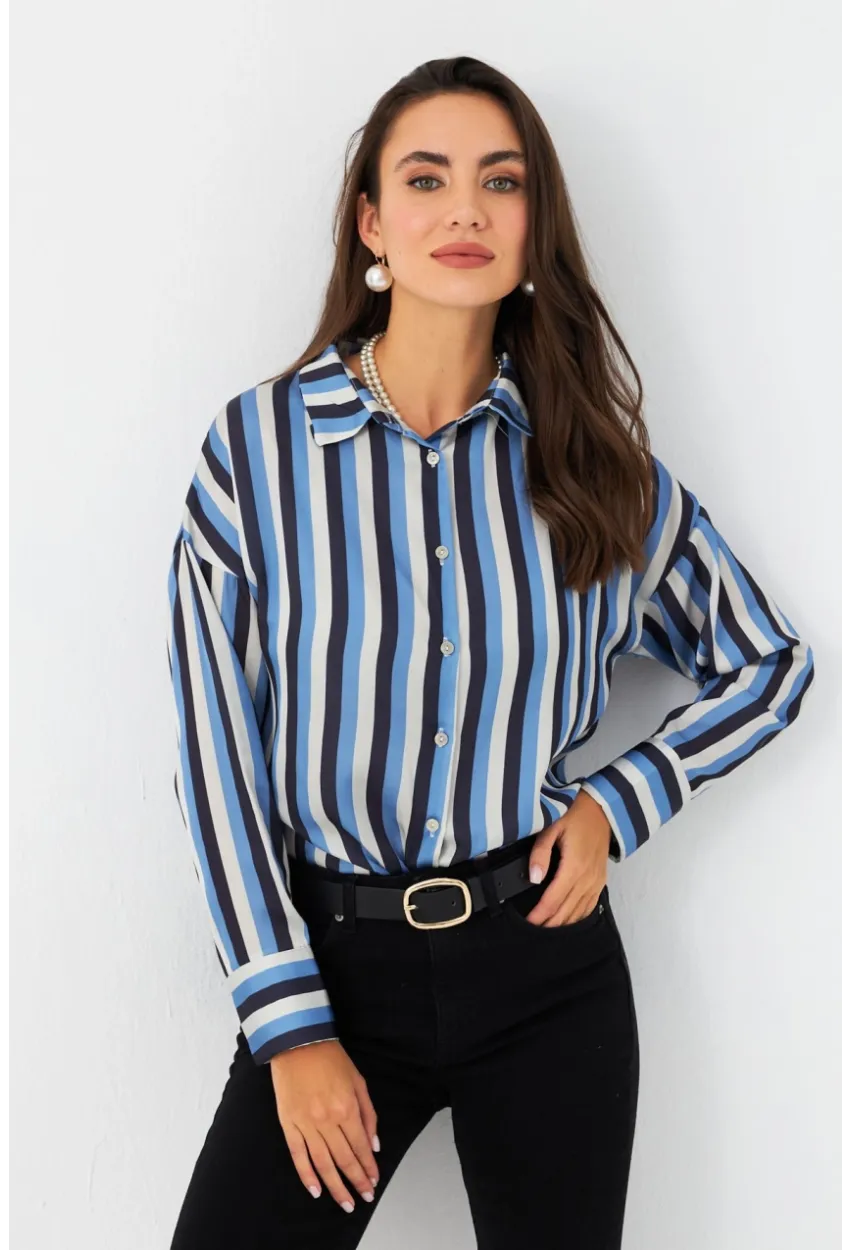 Kadın Ekru-İndigo Desenli Saten Gömlek MSHR500