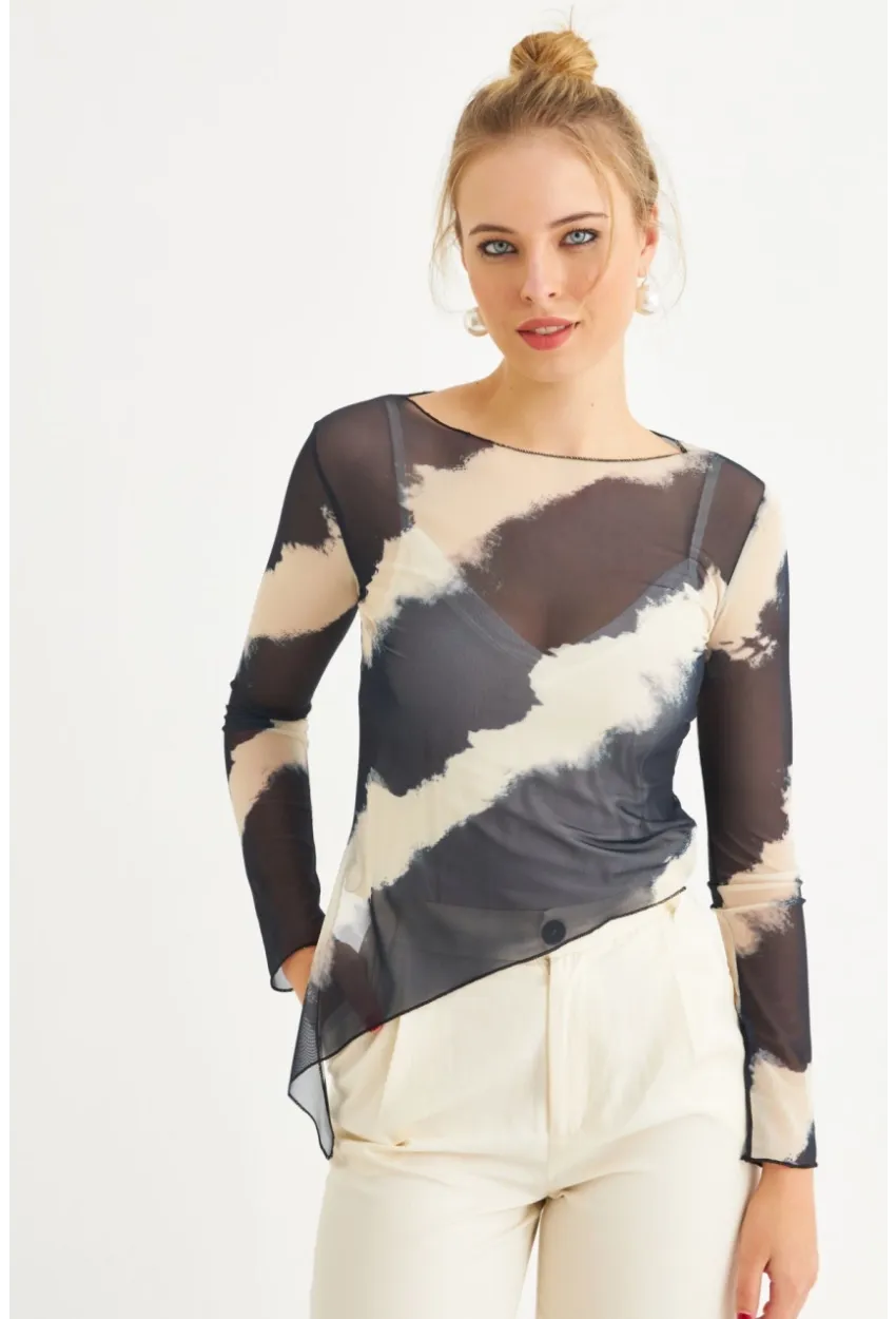 Kadın Ekru-İndigo Desenli Tül Bluz RSP1740