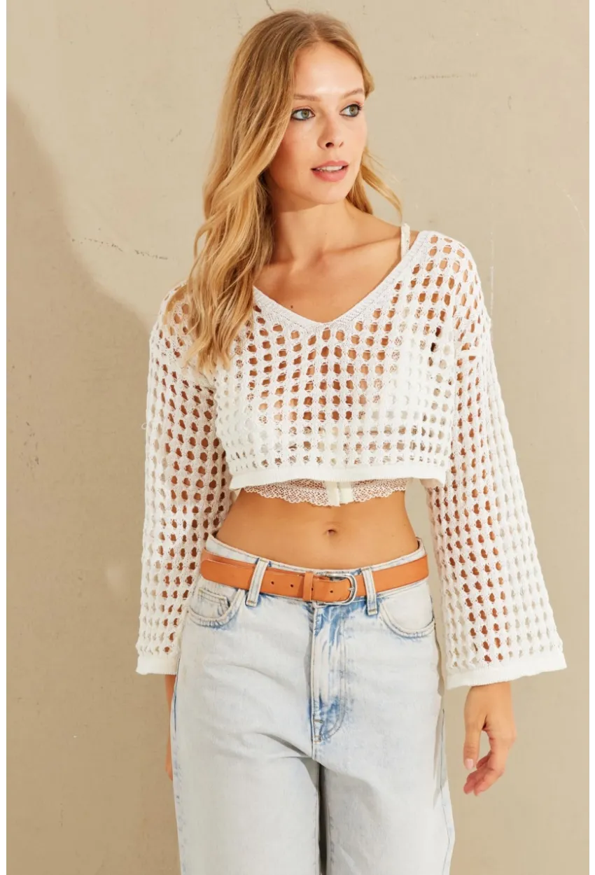 Kadın Ekru İspanyol Kol Ajurlu Triko Bluz YV203