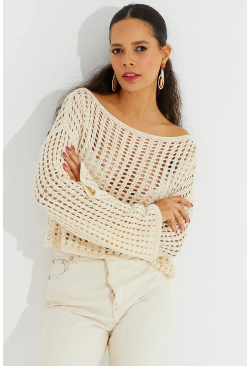 Kadın Ekru İspanyol Kol Ajurlu Triko Kısa Bluz SMT181