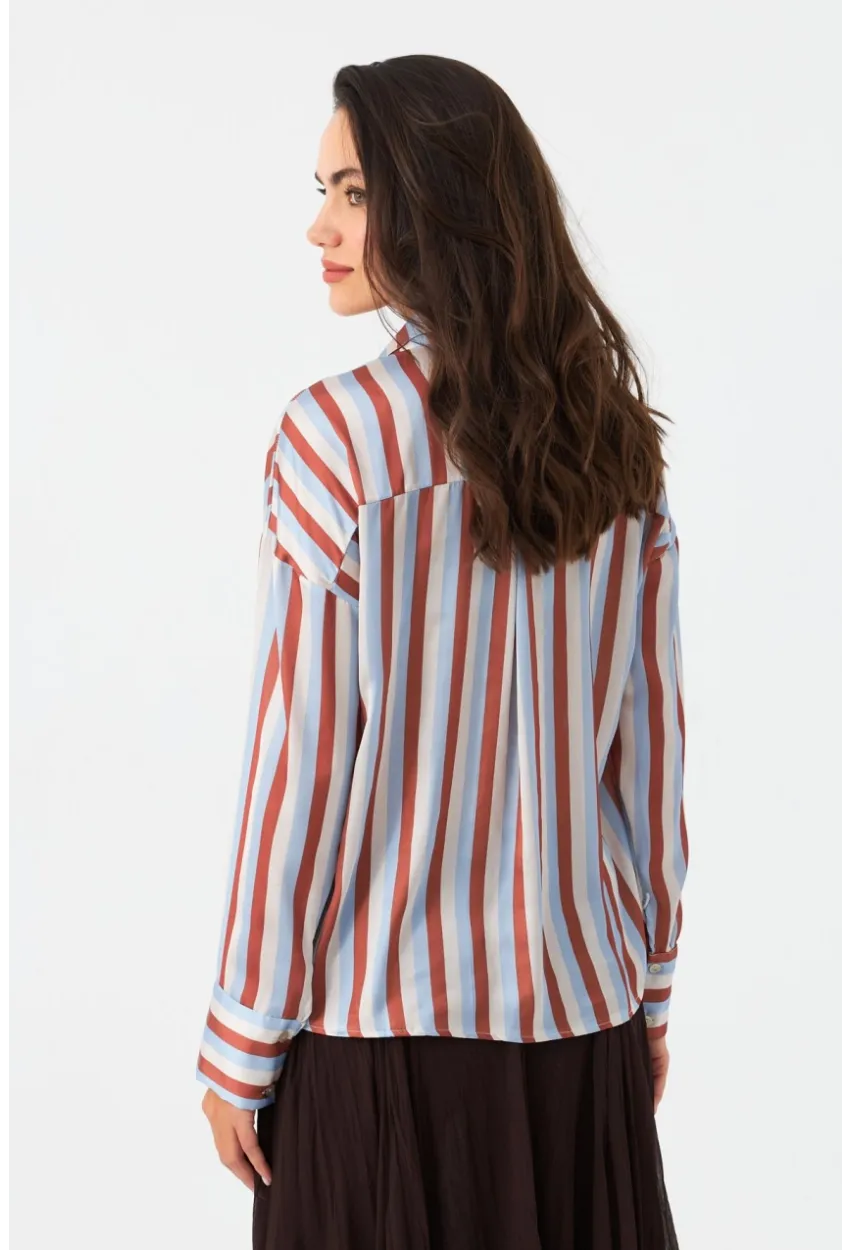Kadın Ekru-Kahve Çizgili Saten Gömlek SHR9