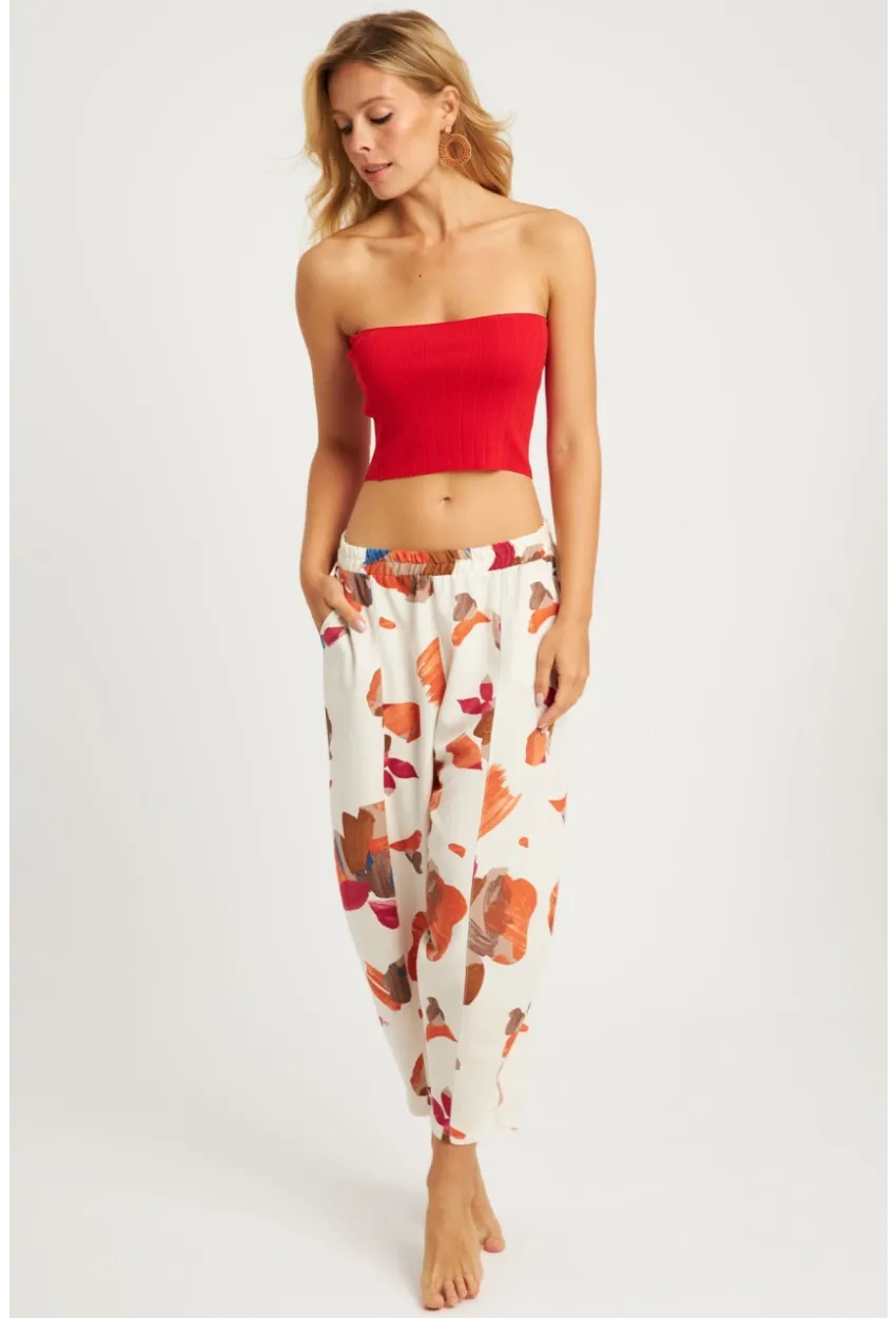 Kadın Ekru-Kahve Desenli Keten Şalvar Pantolon K1253