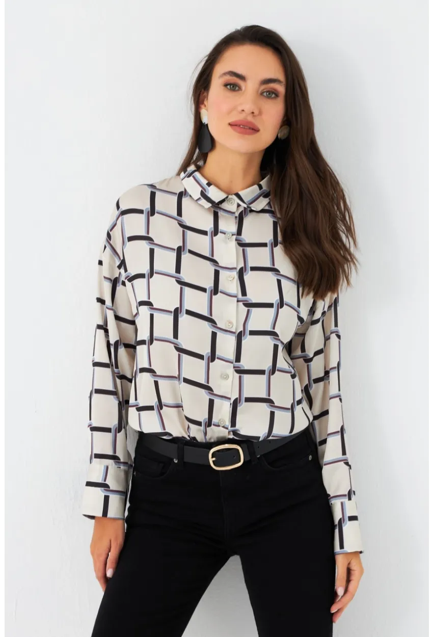 Kadın Ekru-Kahve Desenli Saten Gömlek MSHR500