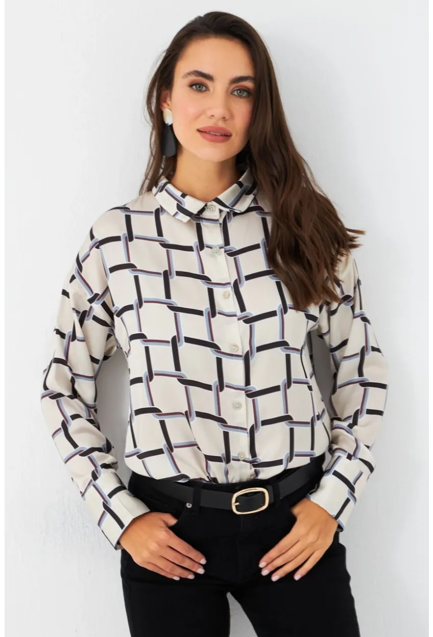 Kadın Ekru-Kahve Desenli Saten Gömlek MSHR500