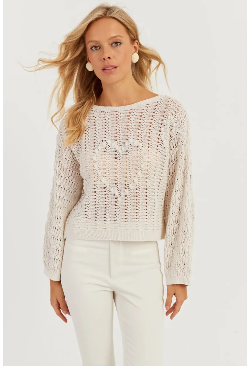 Kadın Ekru Kalpli Ajurlu Triko Bluz MİW3761