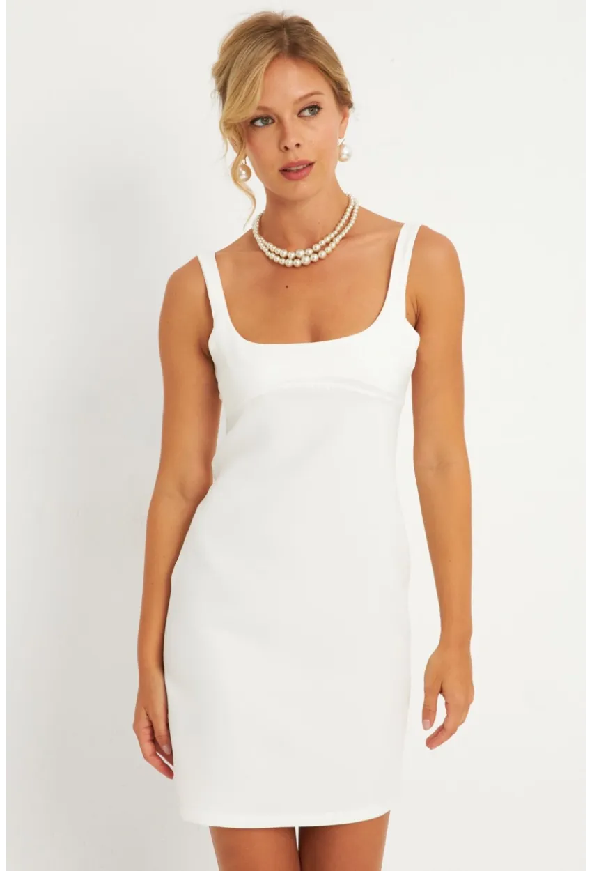 Kadın Ekru Kare Yaka Mini Elbise KED4291