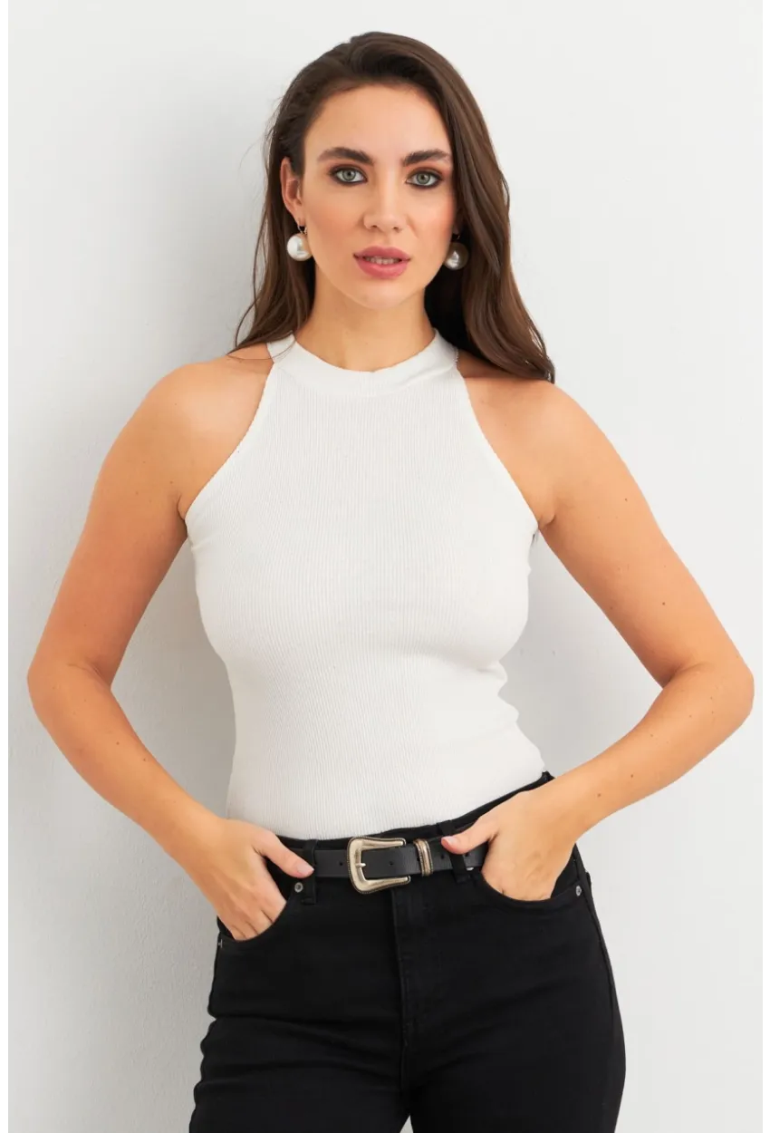 Kadın Ekru Kaşkorse Kolsuz Bluz TF46