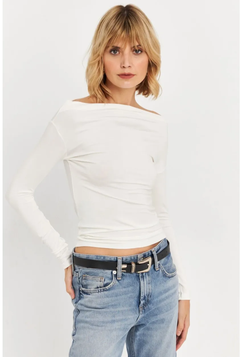 Kadın Ekru Kayık Yaka Bluz LPP1254
