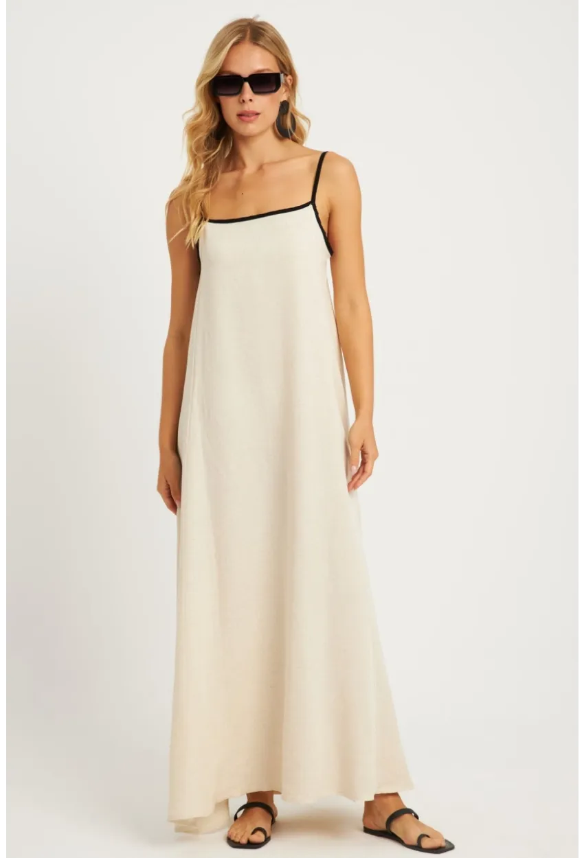 Kadın Ekru Keten Midi Elbise GÇ174