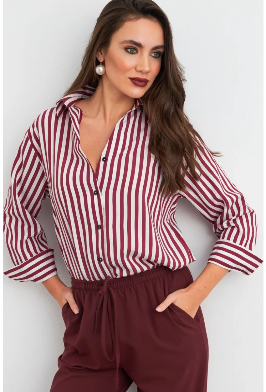 Kadın Ekru-Kiremit Çizgili Salaş Gömlek ELA6932