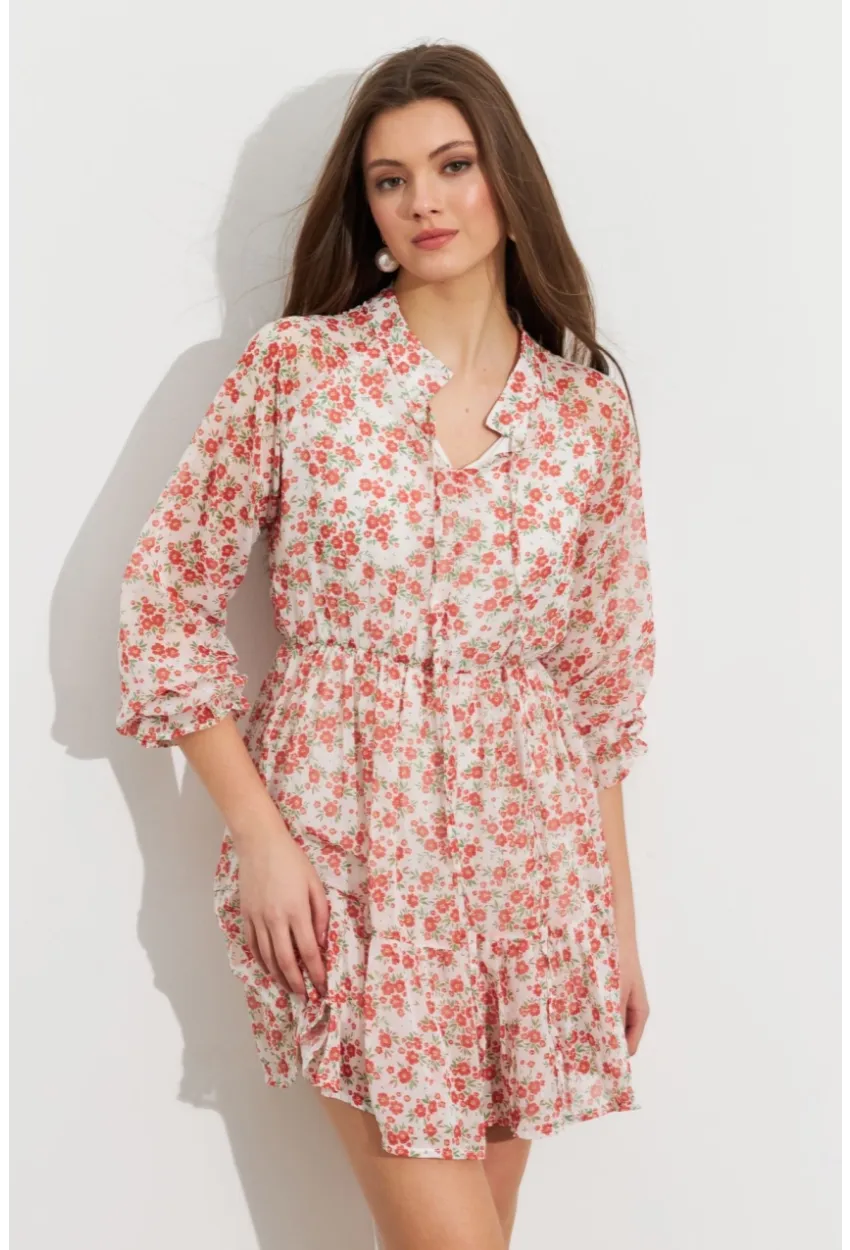 Kadın Ekru-Kırmızı Desenli Şifon Mini Elbise ROP107