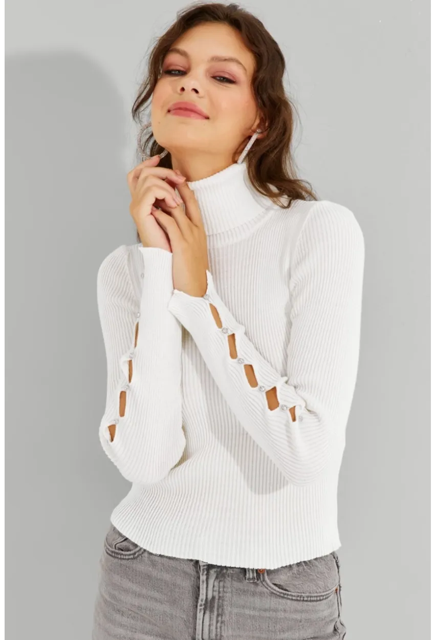 Kadın Ekru Kolları Taş Detaylı Balıkçı Kazak SF2185