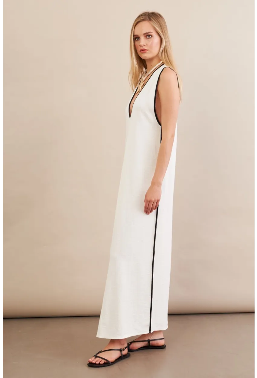 Kadın Ekru Kontrast Çizgili Maxi Keten Elbise MSİ101