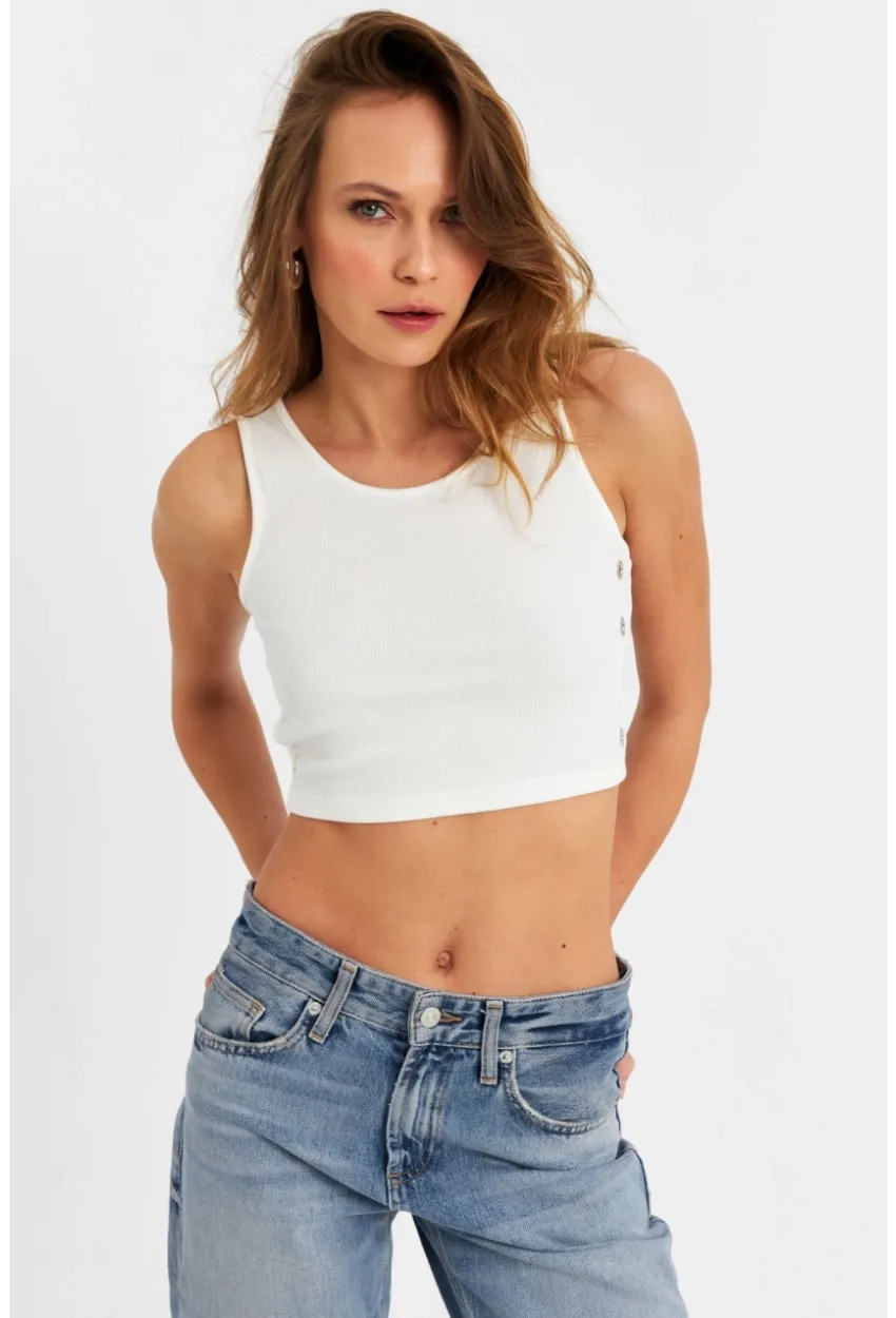 Kadın Ekru Küş Gözlü Crop Bluz ANT101