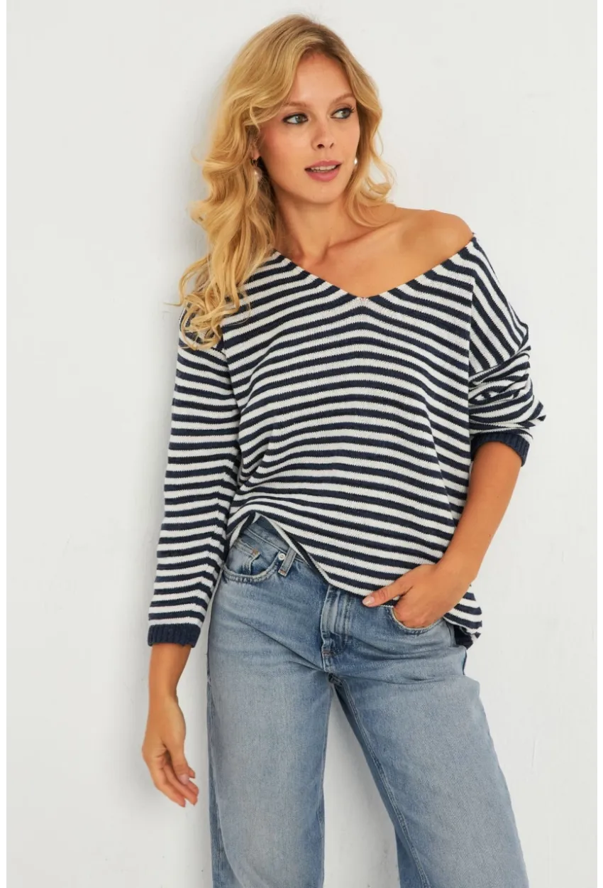 Kadın Ekru-Lacivert V Yaka Triko Salaş Bluz YV283