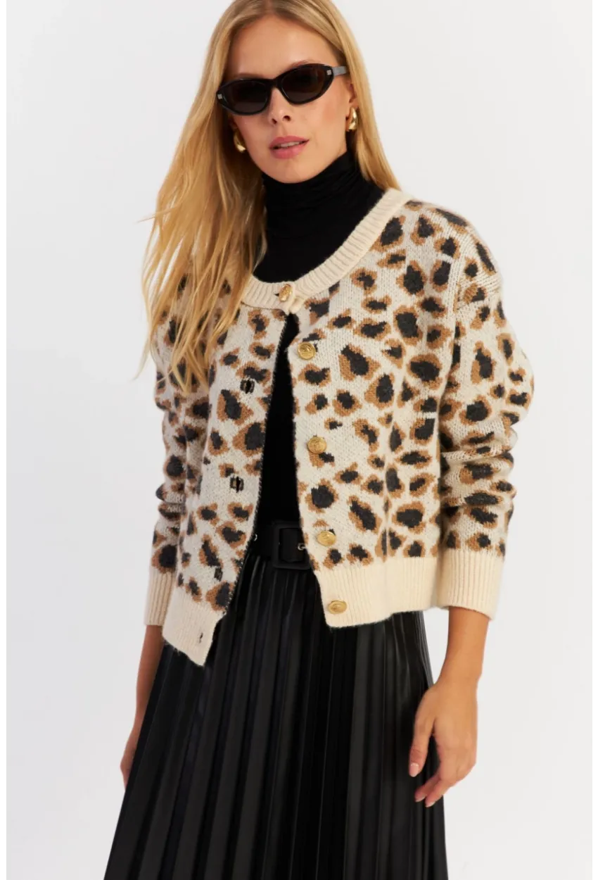 Kadın Ekru Leopar Hırka MYV285