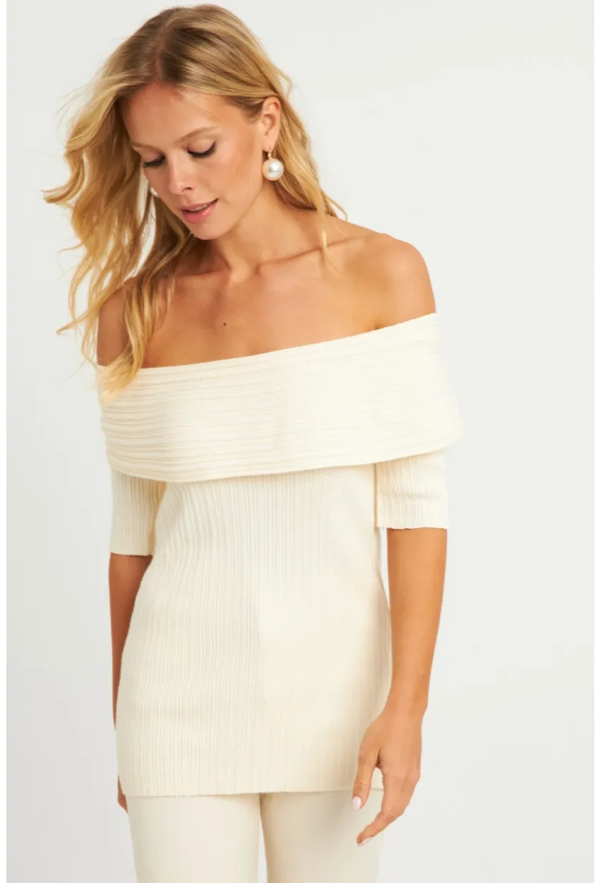 Kadın Ekru Madonna Yaka Triko Bluz KZ538