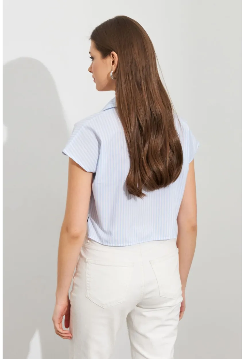 Kadın Ekru-Mavi Çizgili Bağlamalı Crop Gömlek MPC306