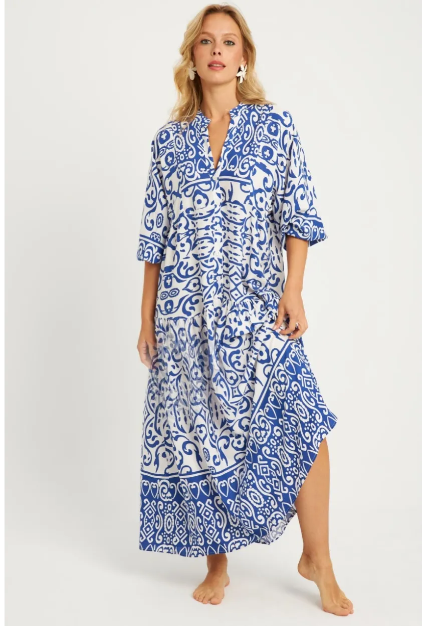 Kadın Ekru-Mavi Desenli Midi Elbise GÇ169