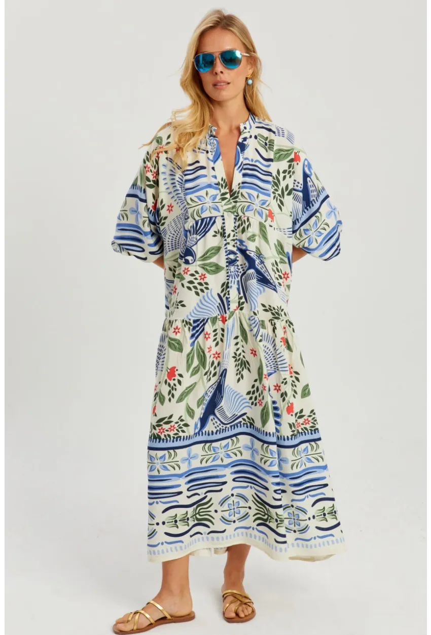 Kadın Ekru-Mavi Desenli Salaş Maxi Elbise GÇ166