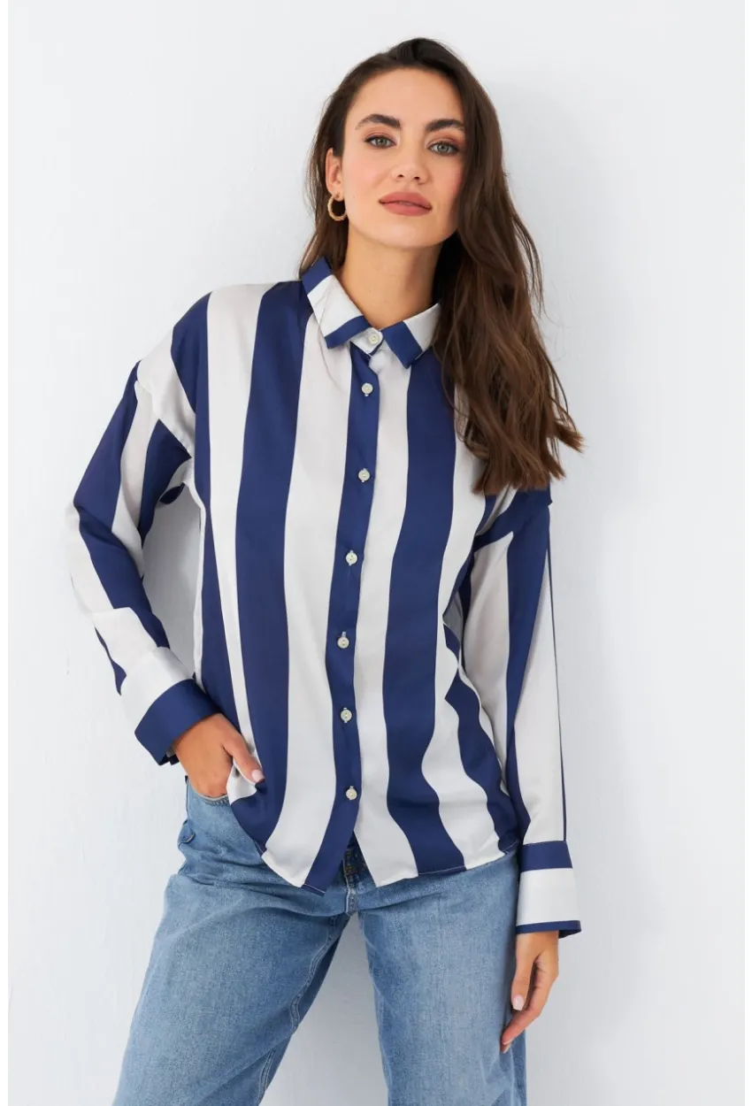 Kadın Ekru-Mavi Desenli Saten Gömlek MSHR500