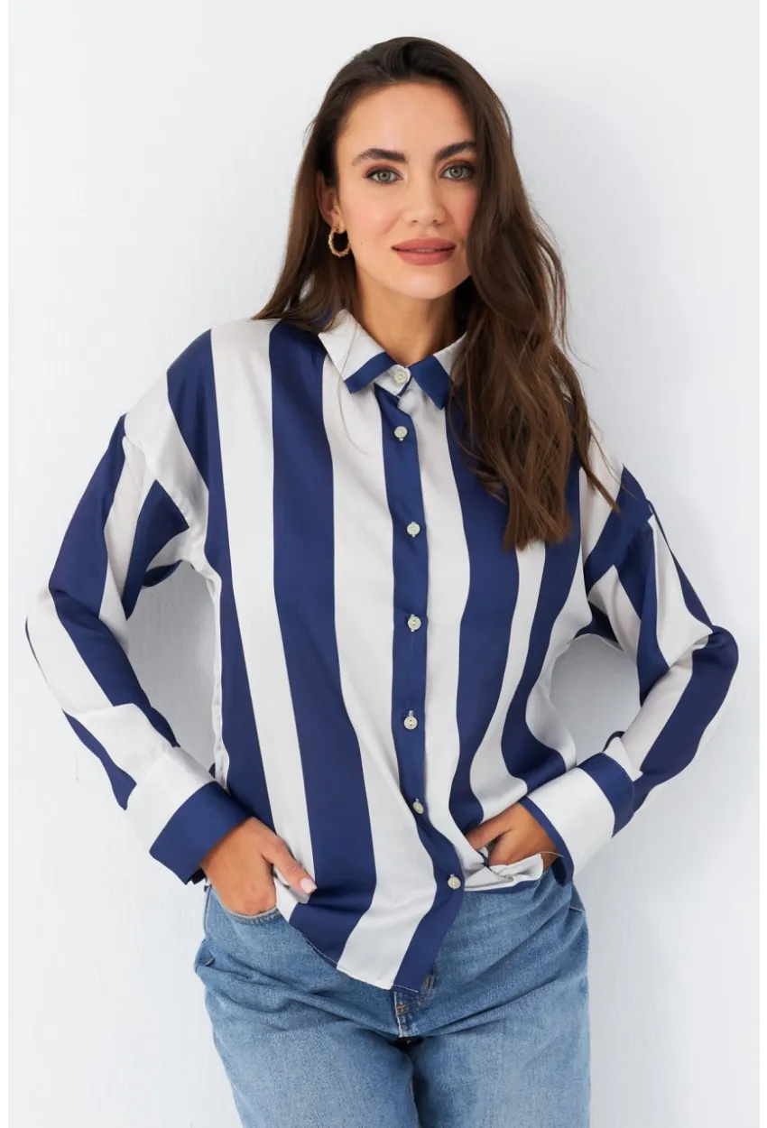 Kadın Ekru-Mavi Desenli Saten Gömlek MSHR500