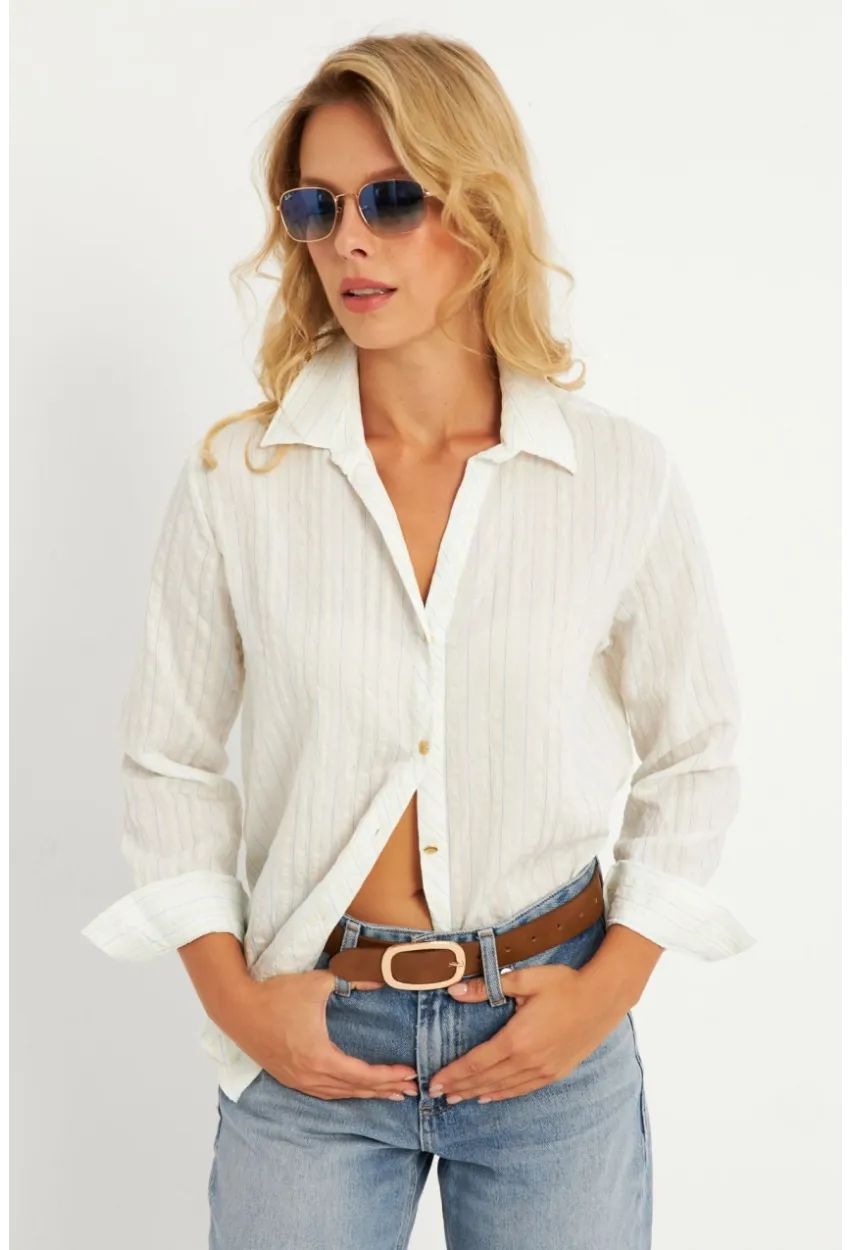 Kadın Ekru-Mavi Gömlek KED714