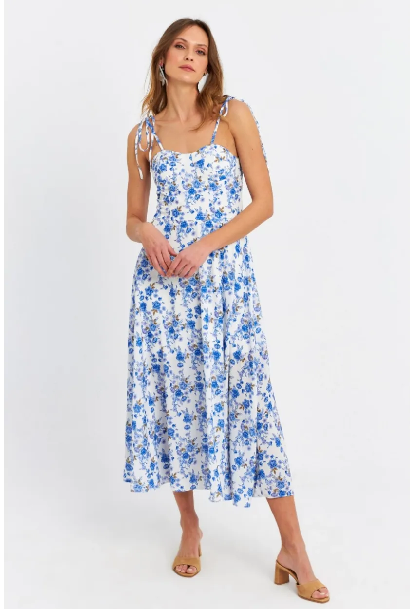 Kadın Ekru-Mavi İp Askılı Çiçekli Midi Elbise ERL10013