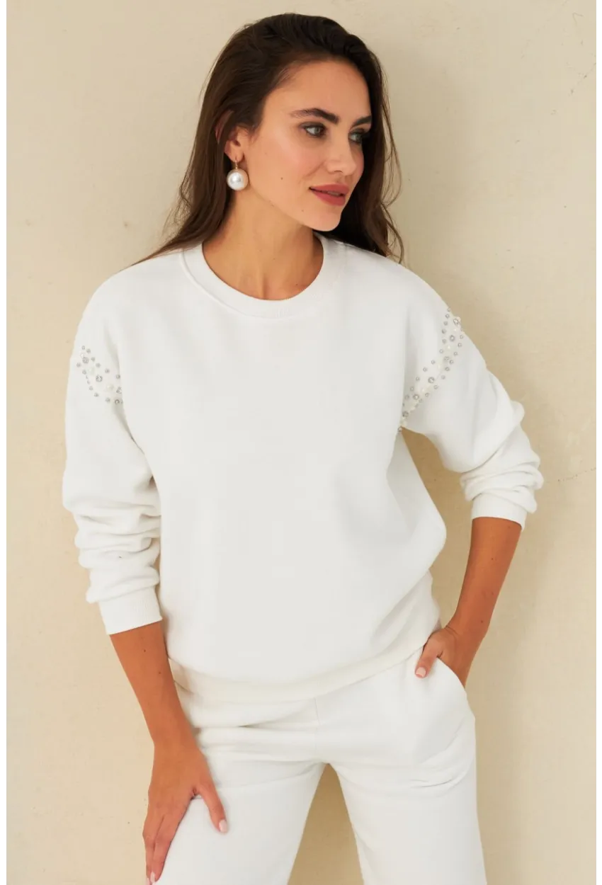 Kadın Ekru Omuzları İnci Detaylı Sweatshirt DY1424