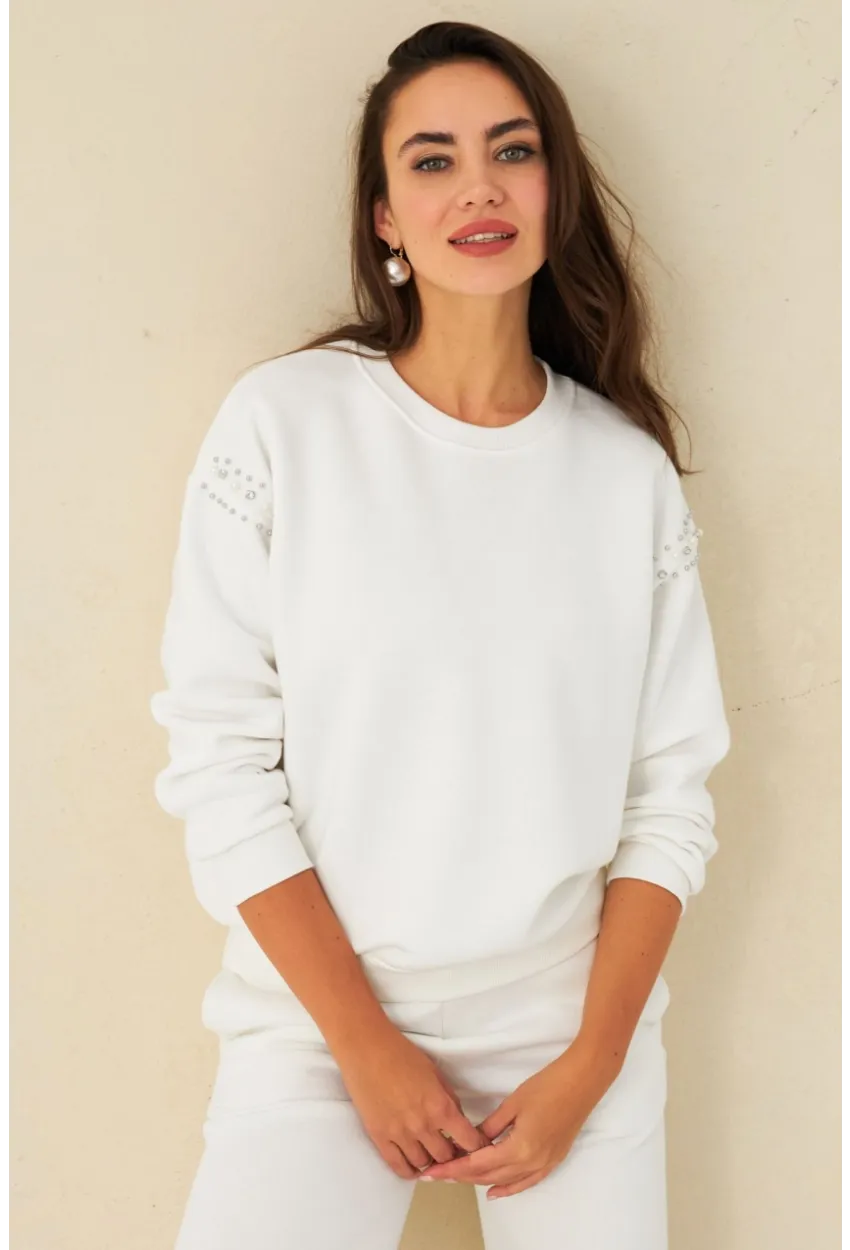Kadın Ekru Omuzları İnci Detaylı Sweatshirt DY1424
