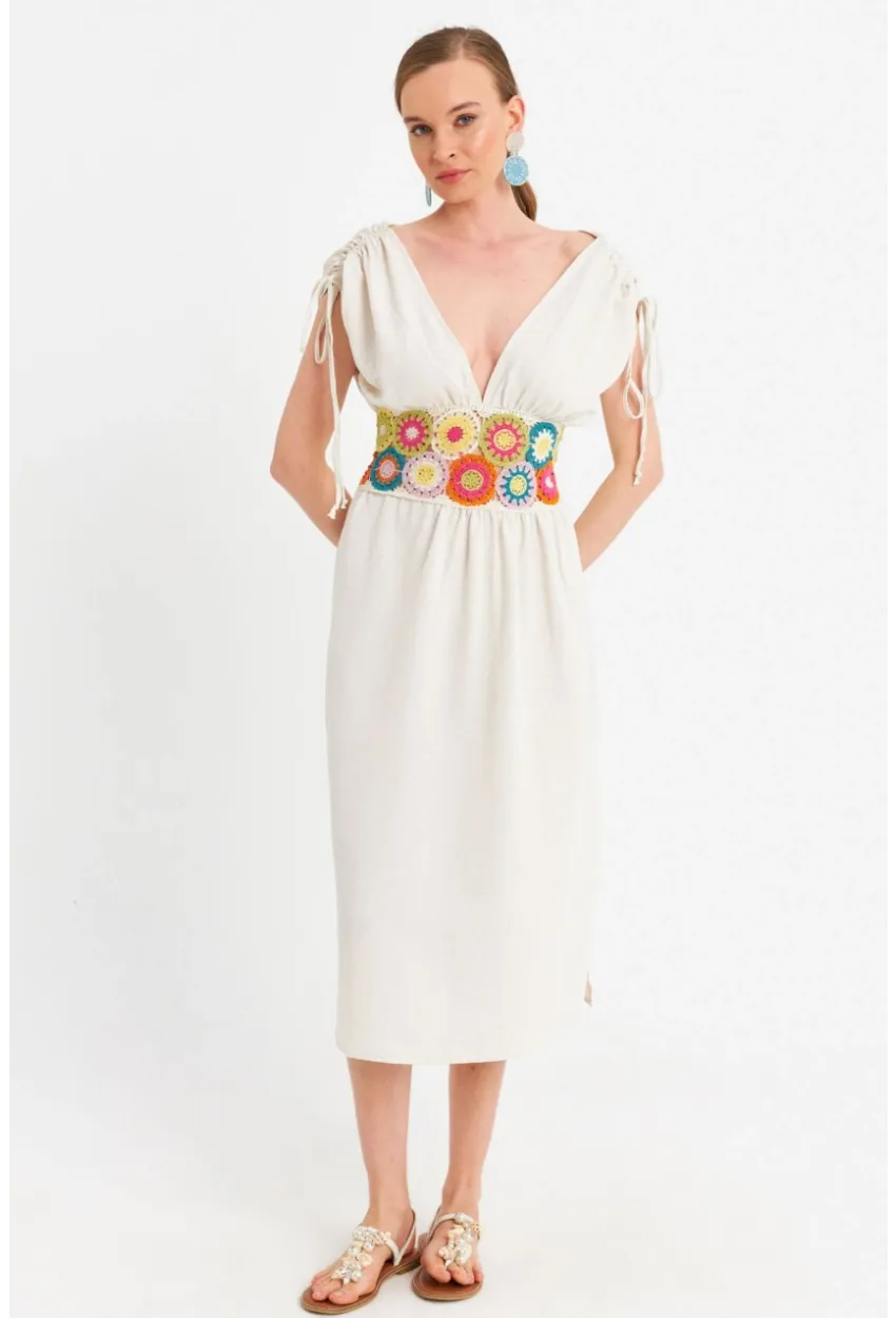 Kadın Ekru Ön Arka V Nakışlı Midi Elbise ELT180