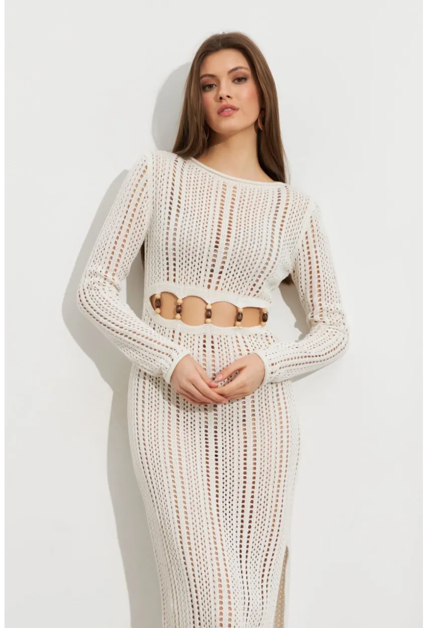 Kadın Ekru Önü Pencereli Ajurlu Plaj Elbisesi KZ545