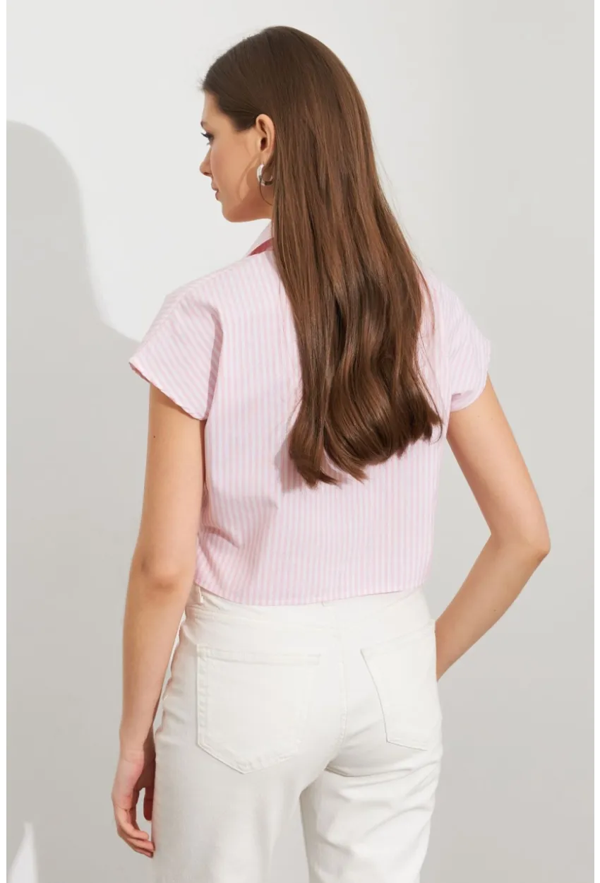 Kadın Ekru-Pembe Çizgili Bağlamalı Crop Gömlek MPC306