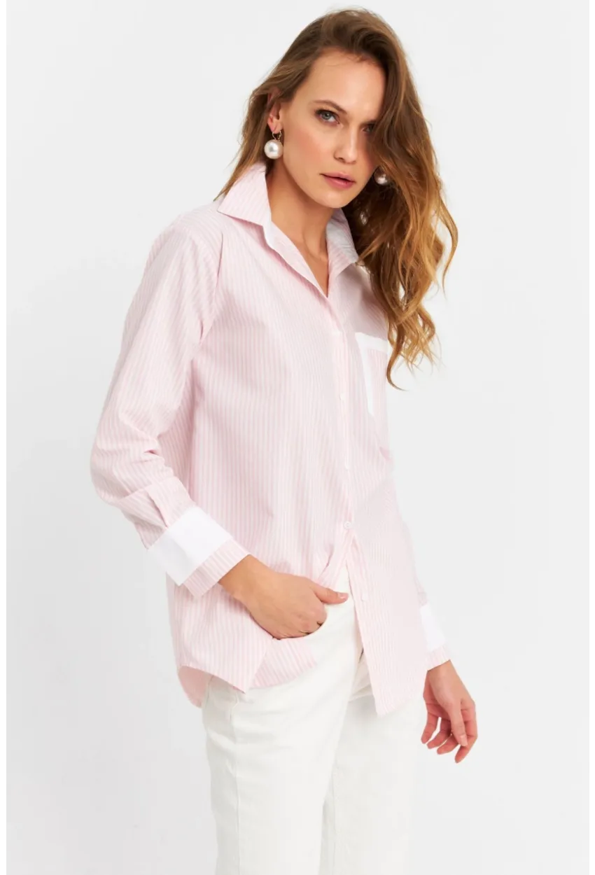 Kadın Ekru-Pembe Çizgili Gömlek MPC6041