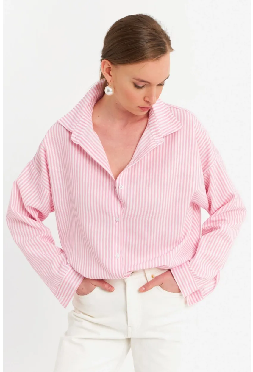 Kadın Ekru-Pembe Çizgili Gömlek ZER425