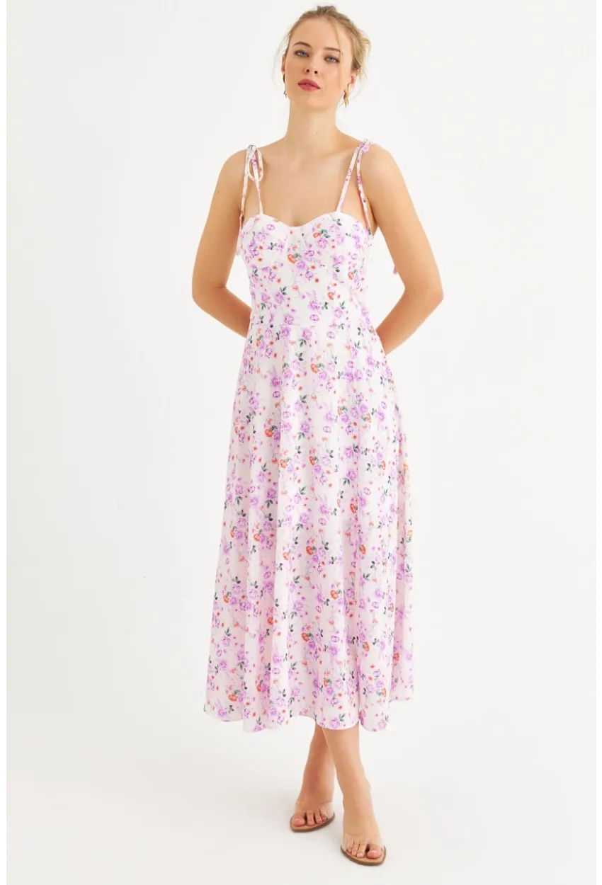 Kadın Ekru-Pembe İp Askılı Çiçekli Midi Elbise ERL10013
