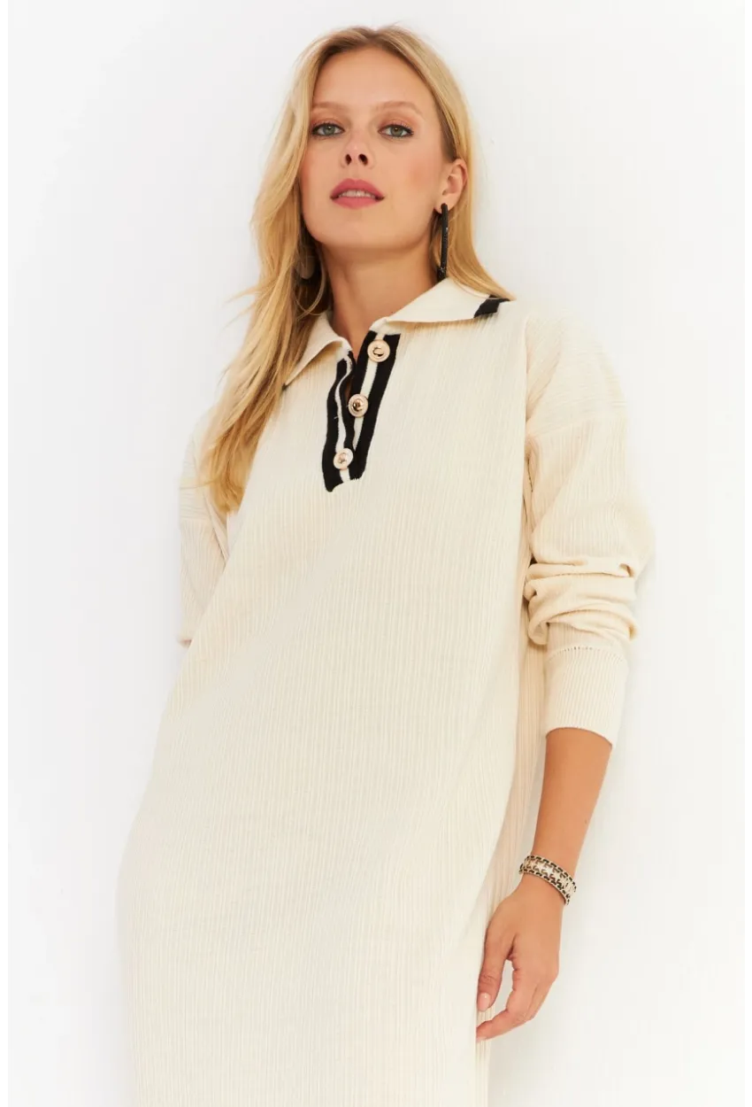 Kadın Ekru Polo Yaka Triko Maxi Elbise MNUV17