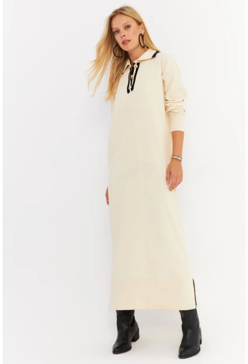 Kadın Ekru Polo Yaka Triko Maxi Elbise MNUV17