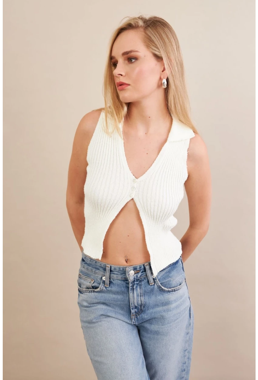 Kadın Ekru Polo Yaka Yumoş Yelek ZH050